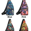 Four color options of a leaf print sling crossbody bag shown in blue, pink, red, and orange.