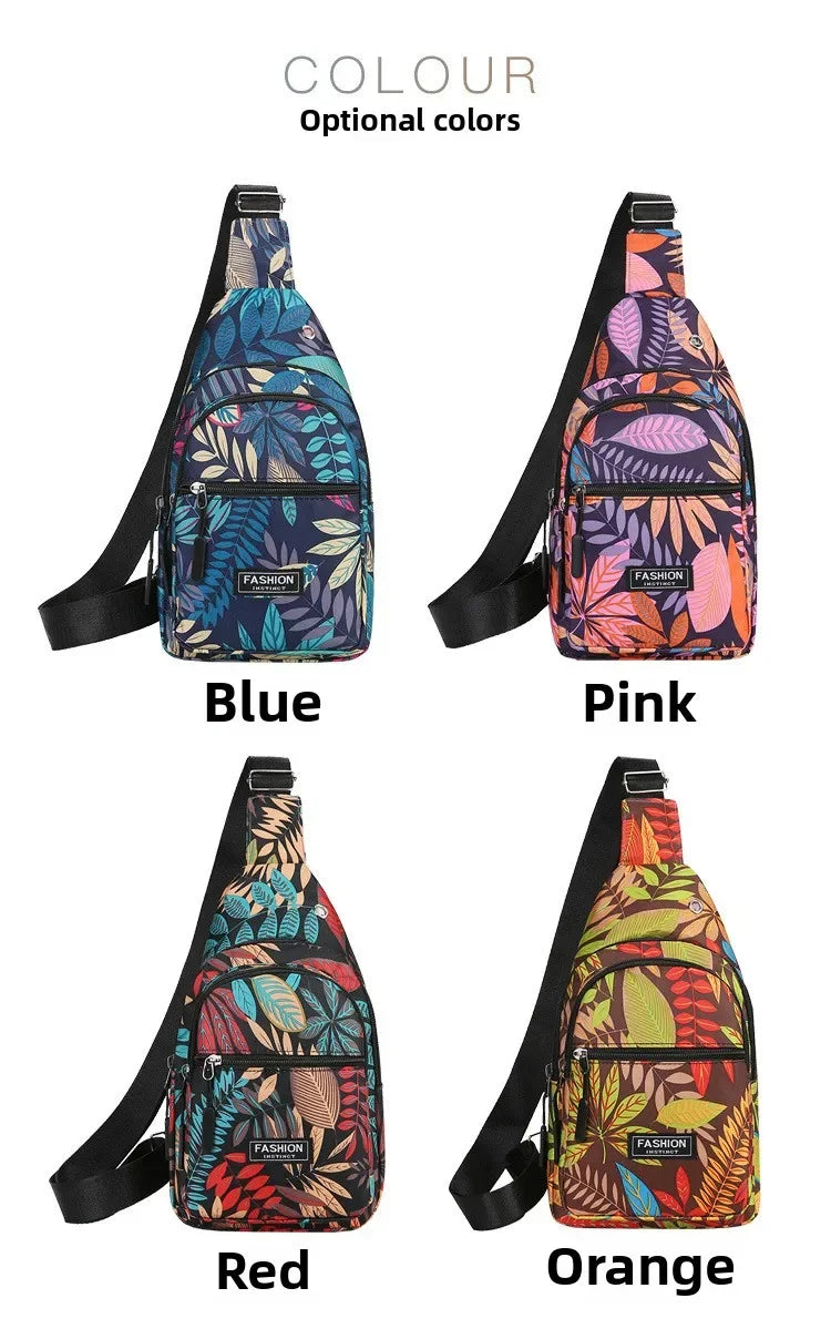 Four color options of a leaf print sling crossbody bag shown in blue, pink, red, and orange.