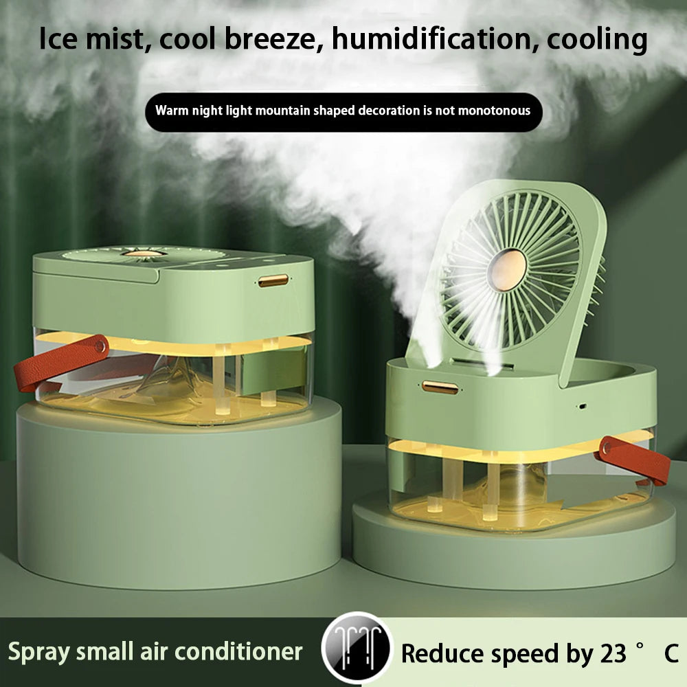 A portable ultrasonic humidifier with a fan and LED night light is shown emitting cool mist and a warm light in a green color
