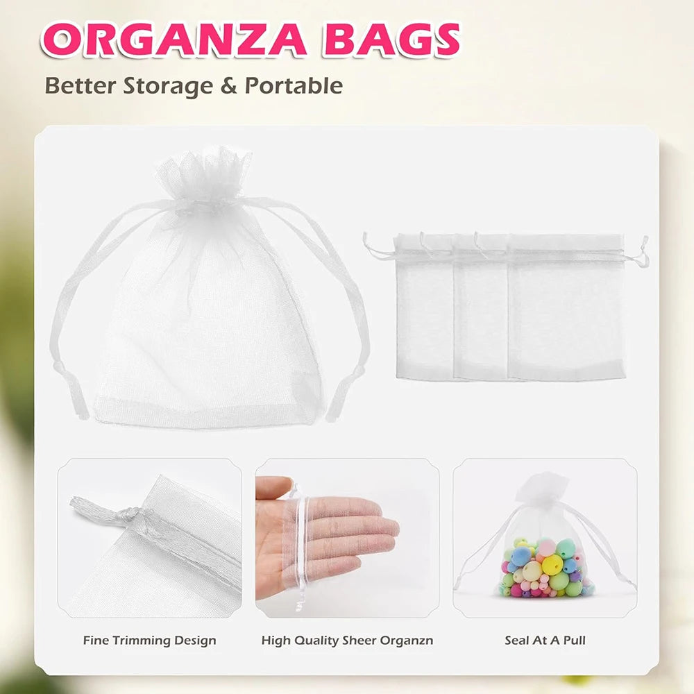White organza drawstring bags shown with close-ups demonstrating fine trimming, quality sheer fabric, and a seal at a pull.