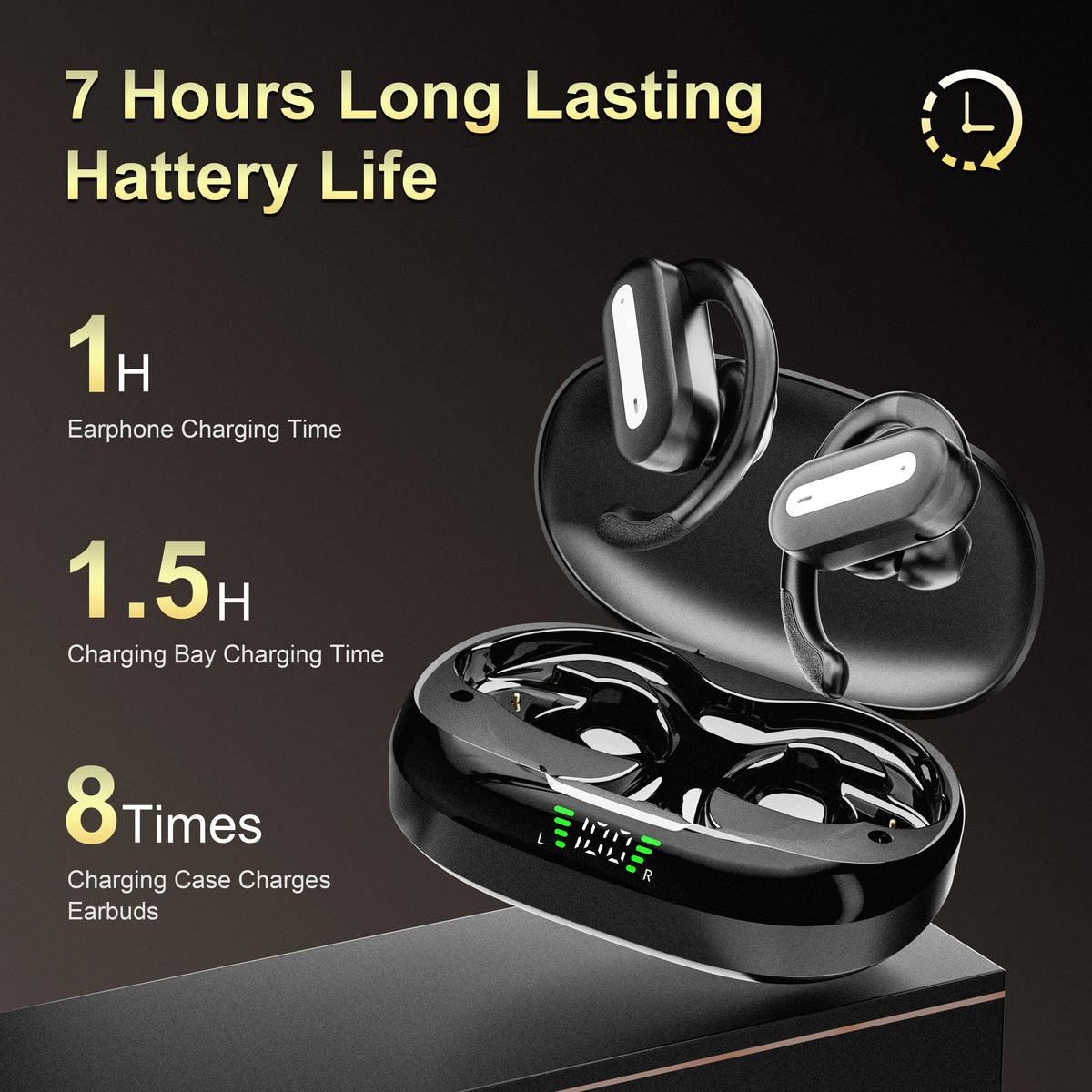 A black charging case and earbuds are shown with text detailing 7 hours of battery life and various charging times.