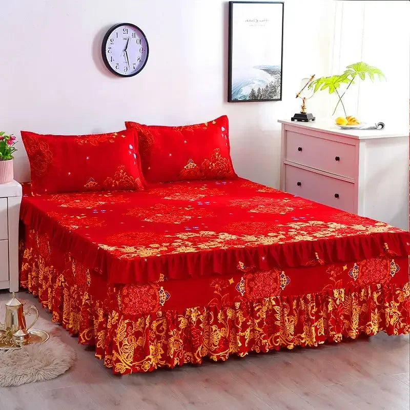 Elegant Elastic Fitted Bed Sheet Set with Lace Skirt and Pillowcases