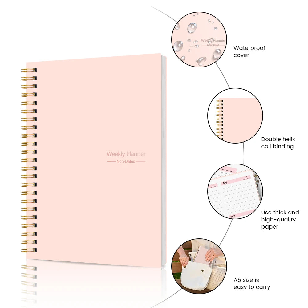 A5 Non-Dated Weekly Spiral Planner with Sticker Sheets