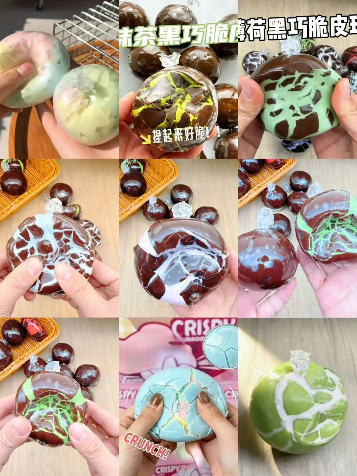 A variety of squishy stress balls in various colors and designs are shown being held by hands.