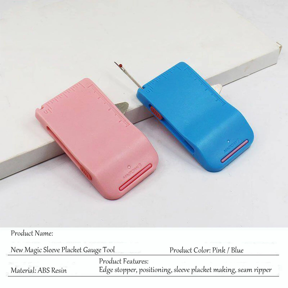 Pink and blue magnetic sewing guide tool with ruler and seam ripper on a white surface