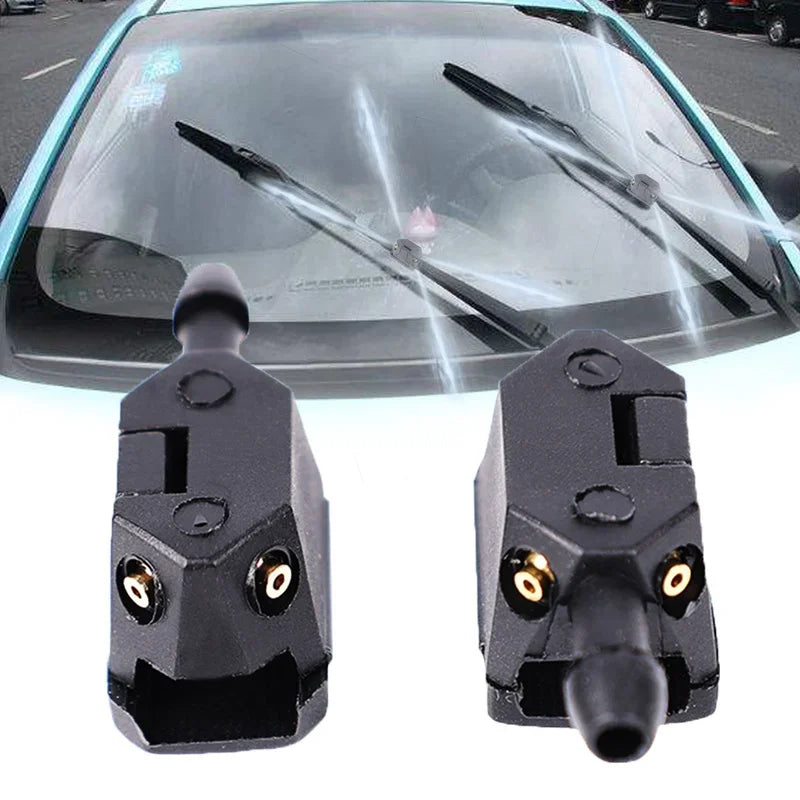 A pair of black 4-way adjustable car windshield washer nozzles for a 2-pack.