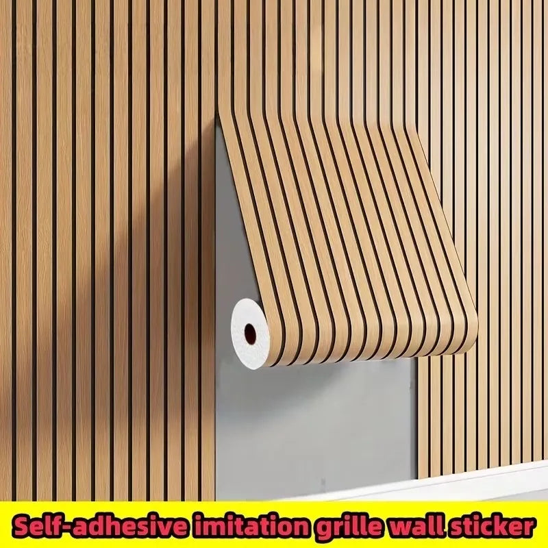 A self-adhesive imitation wood grain grille wall sticker is shown installed on a vertical wooden panel.