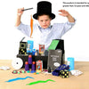 A child performs a magic trick using a fuzzy wiggly worm and an invisible string on a wooden table.