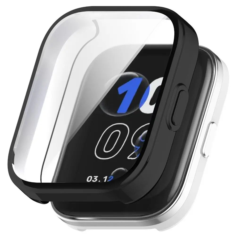 A close-up view of an Amazfit Bip 5 Unity smartwatch with a clear protective TPU case.