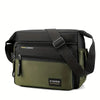 A dark olive green men's water-resistant nylon crossbody sling bag with black straps and zipper details.