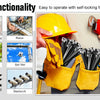 A hand wearing a yellow hard hat holds a red hammer and is operating a multifunction tool that includes various functions lik
