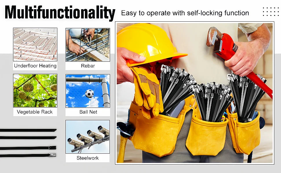 A hand wearing a yellow hard hat holds a red hammer and is operating a multifunction tool that includes various functions lik