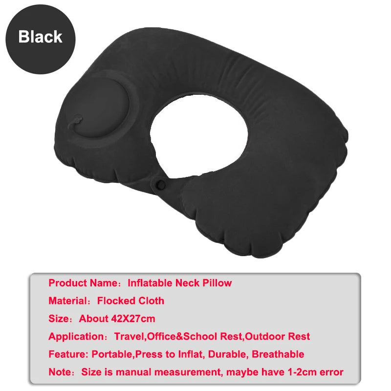 Black inflatable U-shaped neck pillow for travel, office, and outdoor rest