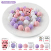 A collection of 45 round silicone 3D animal beads in various shades of pink and purple are displayed on a white plate.