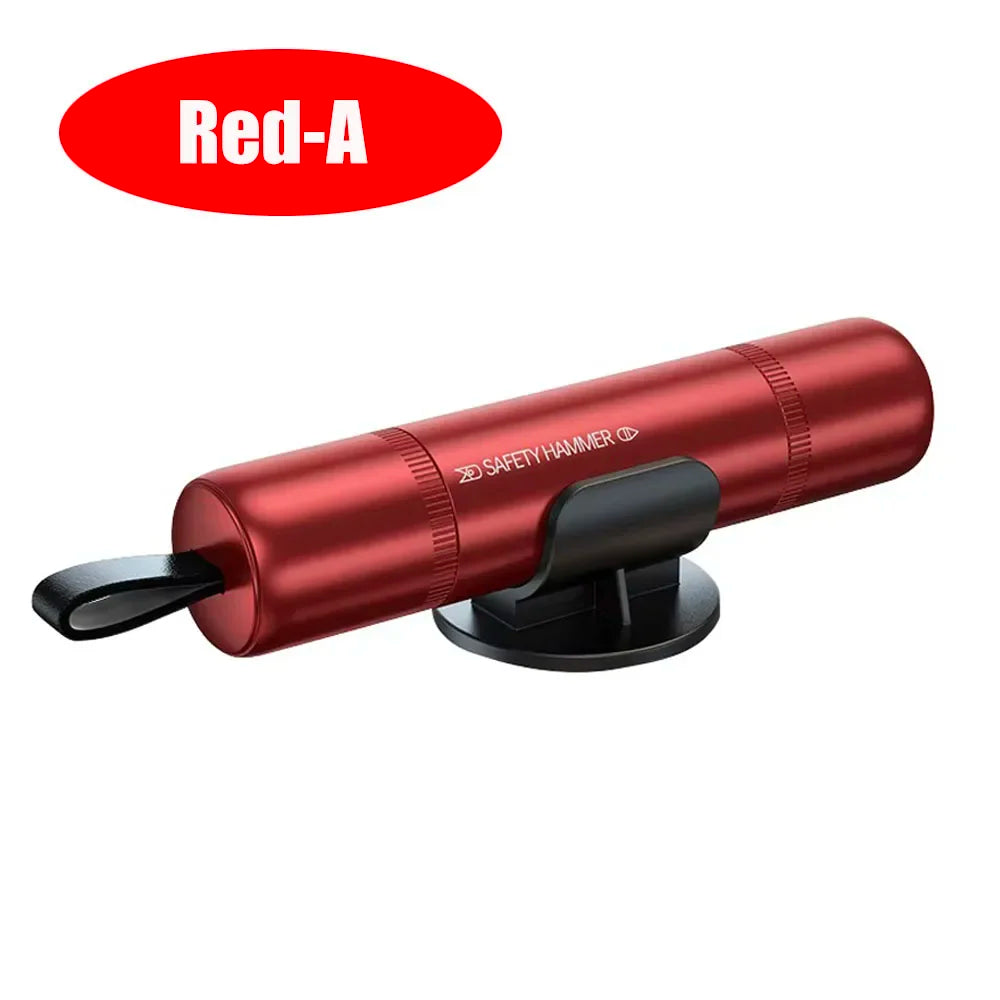 A red safety hammer tool with a black handle and base, used for car emergency tasks.