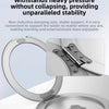 A silver magnetic aluminum tablet holder is shown with a circular ring and a square component, demonstrating its stability.