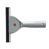 A silver glass cleaning squeegee with a black blade and a textured handle.