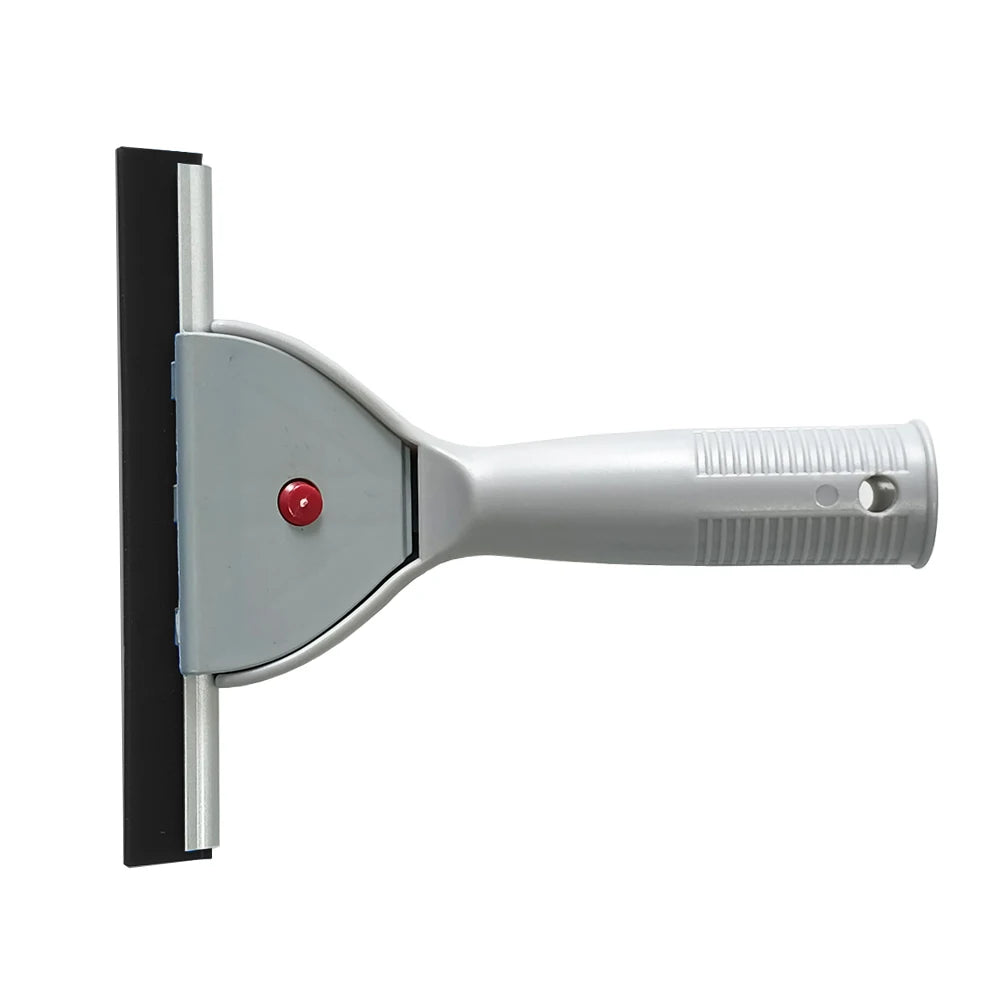 A silver glass cleaning squeegee with a black blade and a textured handle.