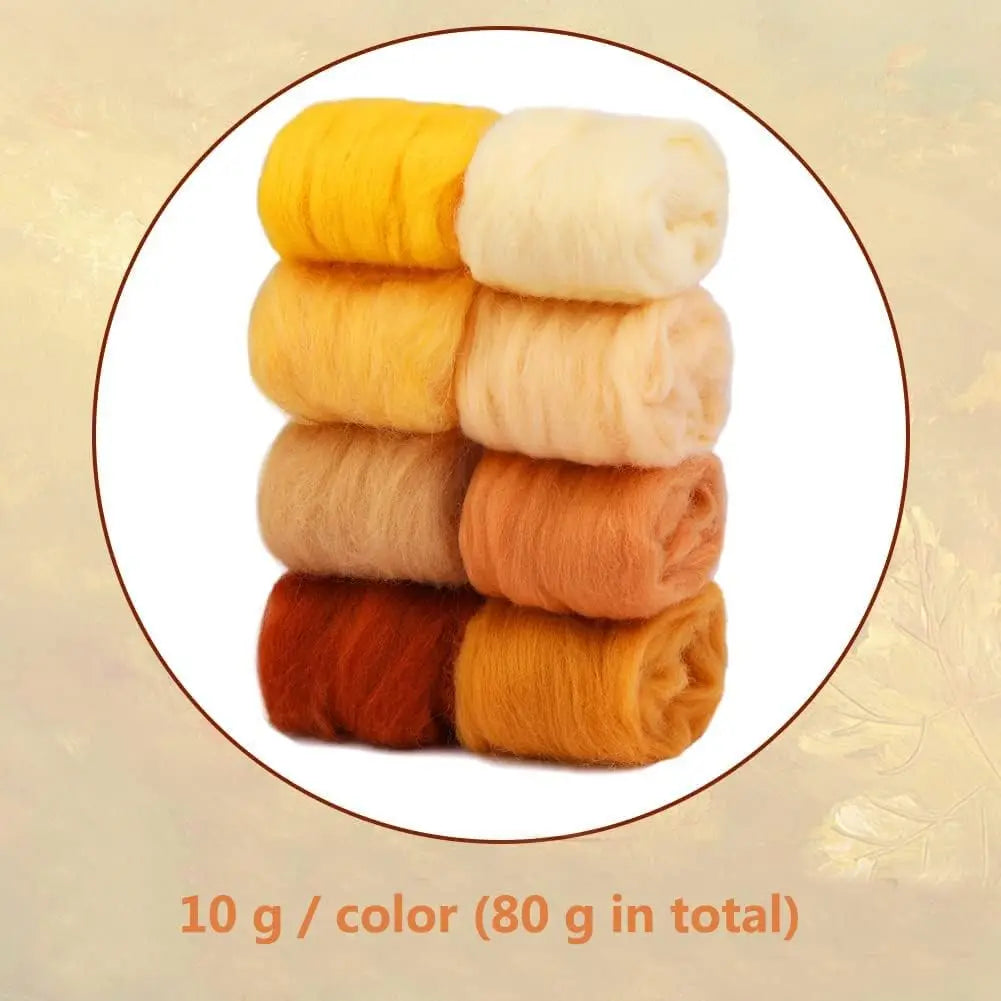 A stack of eight colored wool roving bundles for needle felting, showing various shades of yellow, orange, and brown.