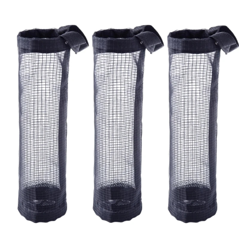 Three wall-mounted mesh bag dispensers for trash bags in black.