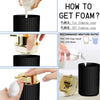 A set of matte black bathroom accessories including a soap dispenser and holder, demonstrating methods for getting foam.