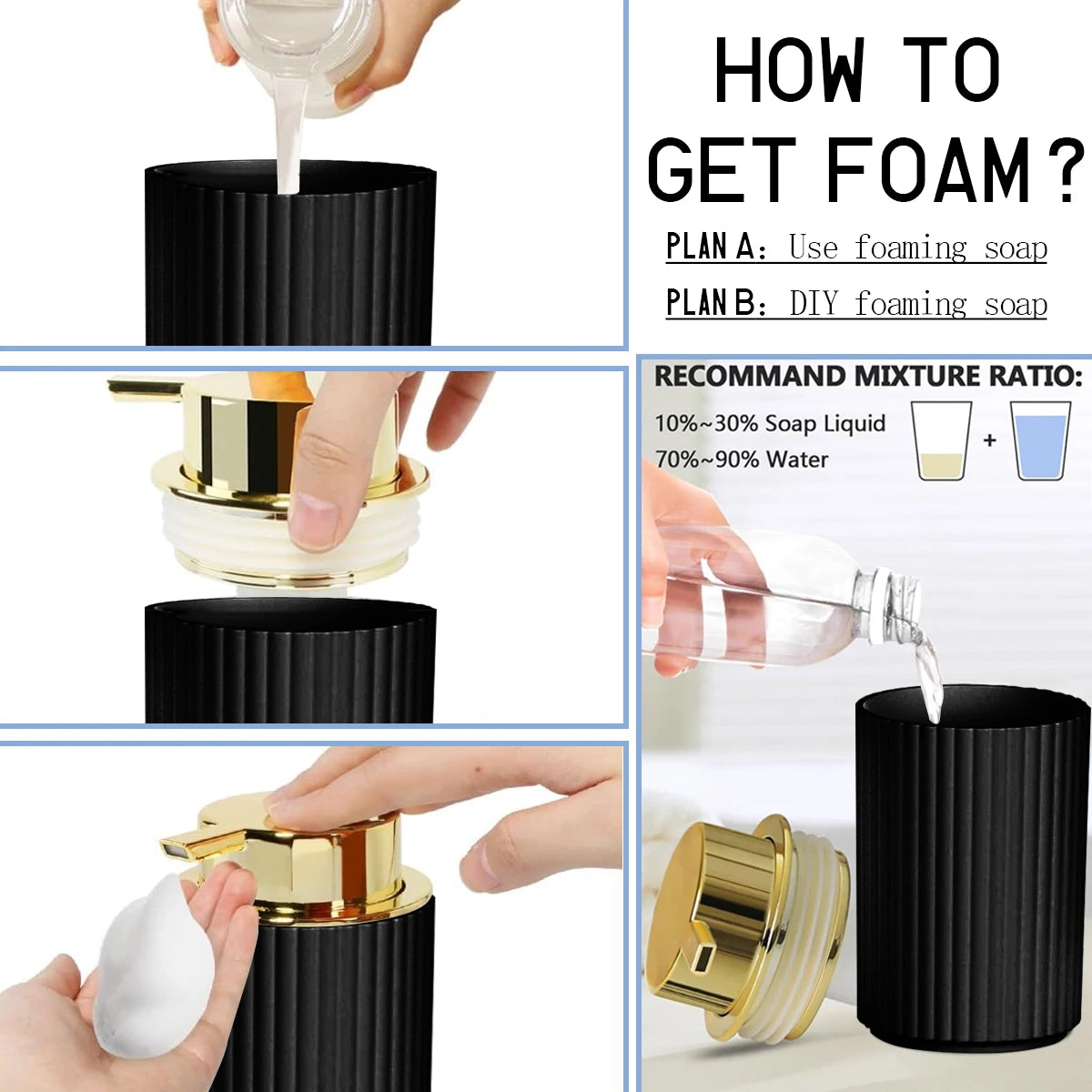 A set of matte black bathroom accessories including a soap dispenser and holder, demonstrating methods for getting foam.