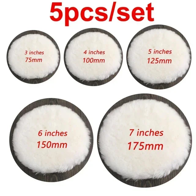 Set of five car polishing pads with varying sizes from 3 to 7 inches.