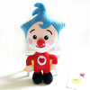 A soft plush toy of a blue-haired clown with a red nose and a red shirt.