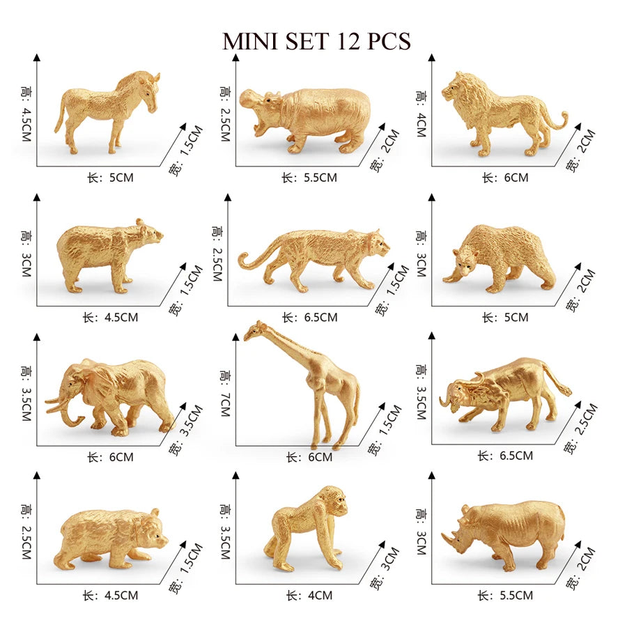 A set of 12 realistic animal figurines including a horse, lion, deer, wolf, and various farm animals.
