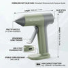 A cordless hot glue gun in olive green with a fine tip nozzle and ergonomic long trigger, showing its dimensions.