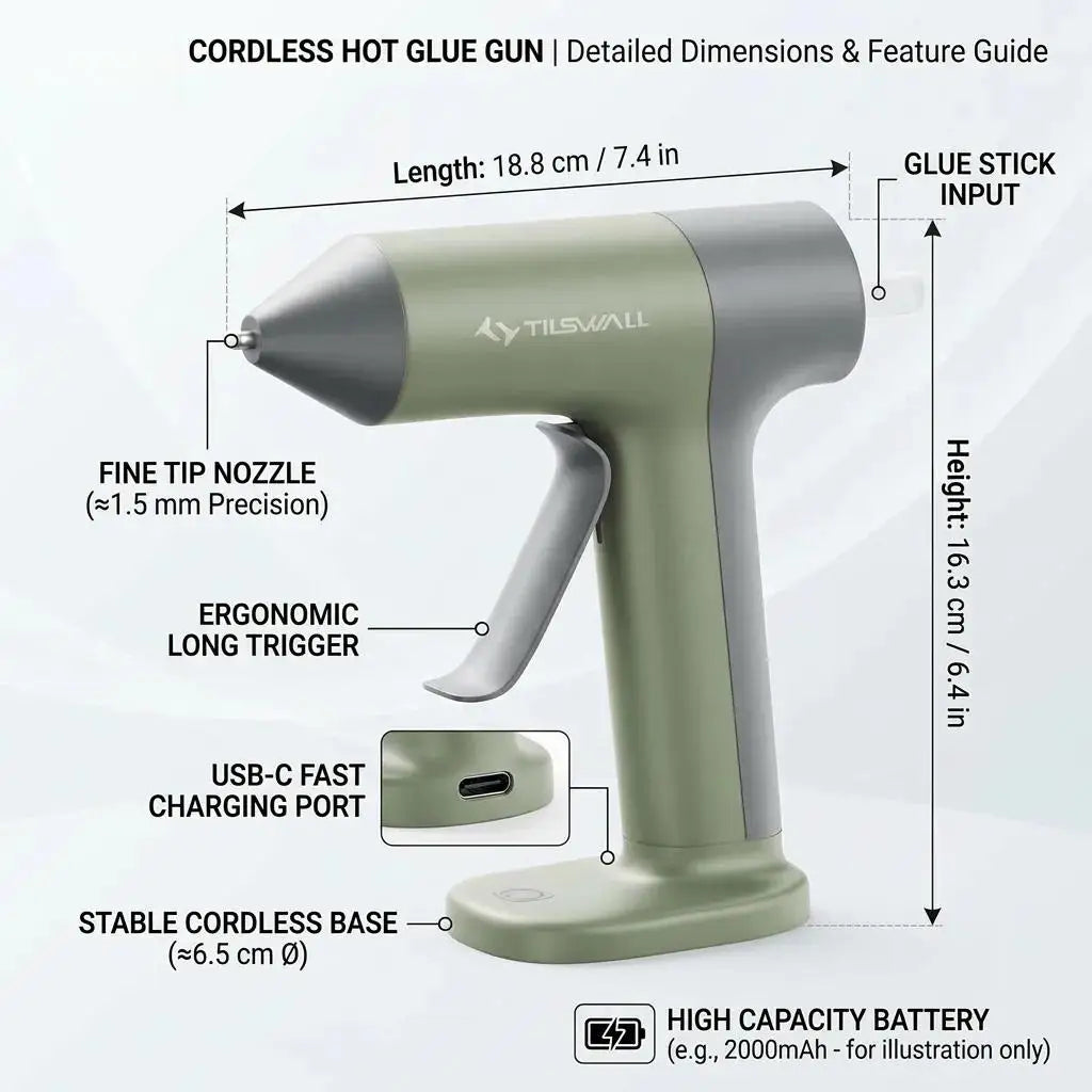 A cordless hot glue gun in olive green with a fine tip nozzle and ergonomic long trigger, showing its dimensions.