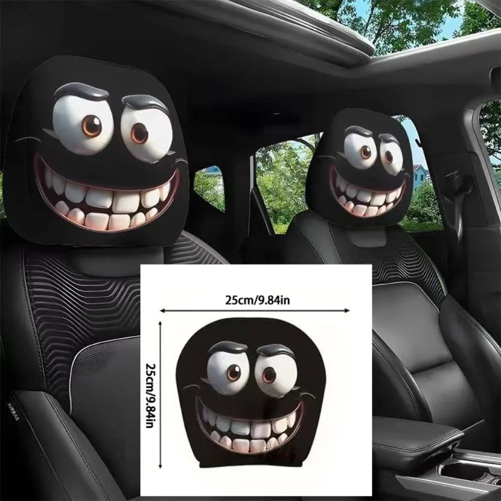 A pair of black horror-themed car headrest covers featuring creepy smiling faces.