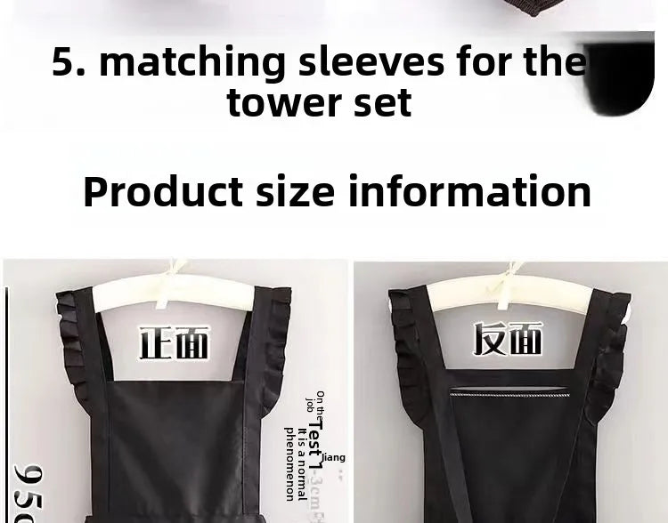 Black Korean style cotton kitchen apron shown from the front and back views on a hanger.