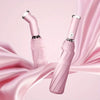 A pink automatic three-fold umbrella with a silver handle and LED light is shown against a flowing pink fabric background.