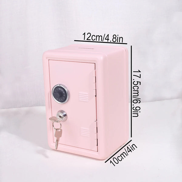 A pink vintage metal piggy bank with a combination lock and key, shown from the side.