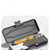 An open case showing a variety of batch head collocations and precision rechargeable electric screwdriver bits.