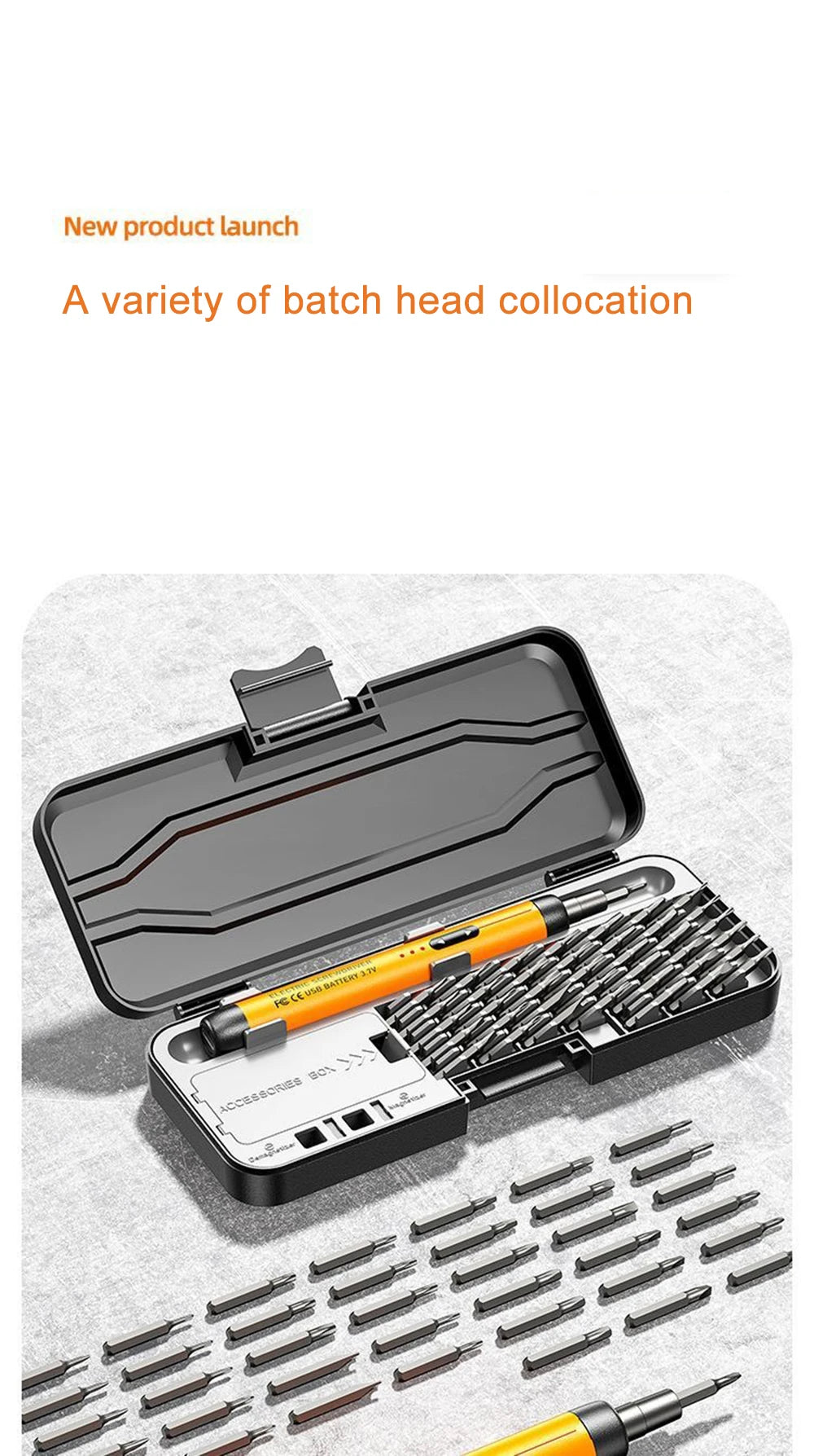 An open case showing a variety of batch head collocations and precision rechargeable electric screwdriver bits.
