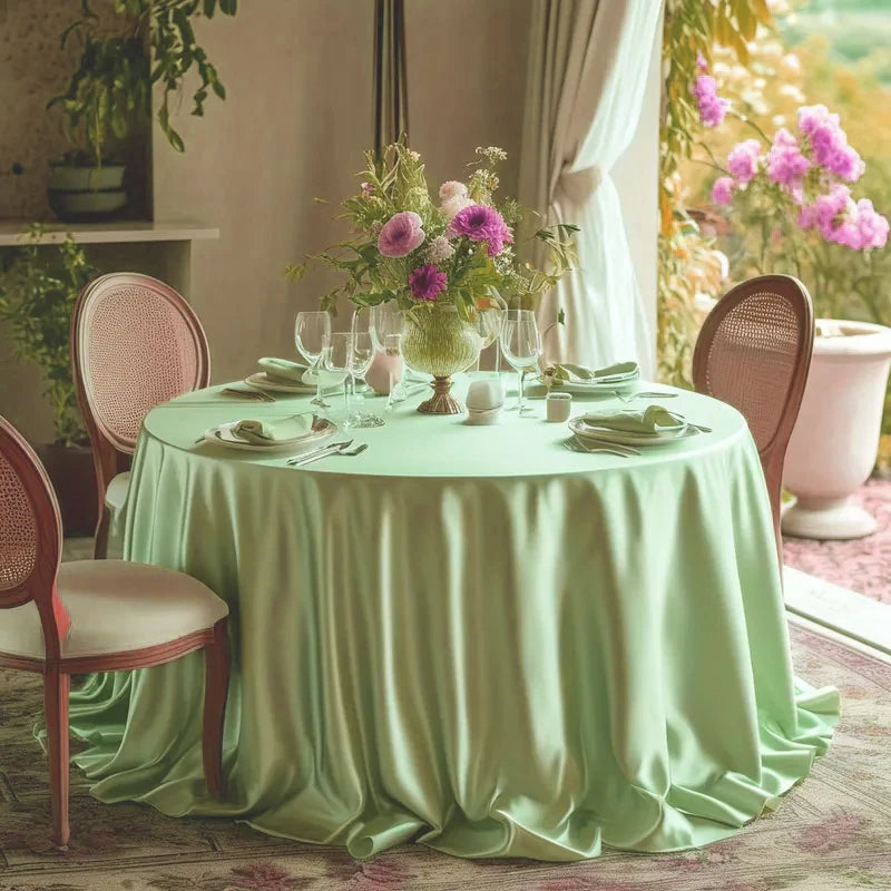 An elegant round table set with a sage green satin tablecloth, pink flowers, and glassware in a bright room.