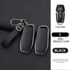 A black car key case cover with a bracelet clasp and five buttons shown next to a leather strap.