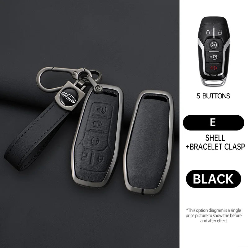 A black car key case cover with a bracelet clasp and five buttons shown next to a leather strap.