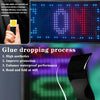 A close-up of a flexible USB LED matrix display showing bright red and blue lights, with a hand interacting with the device.