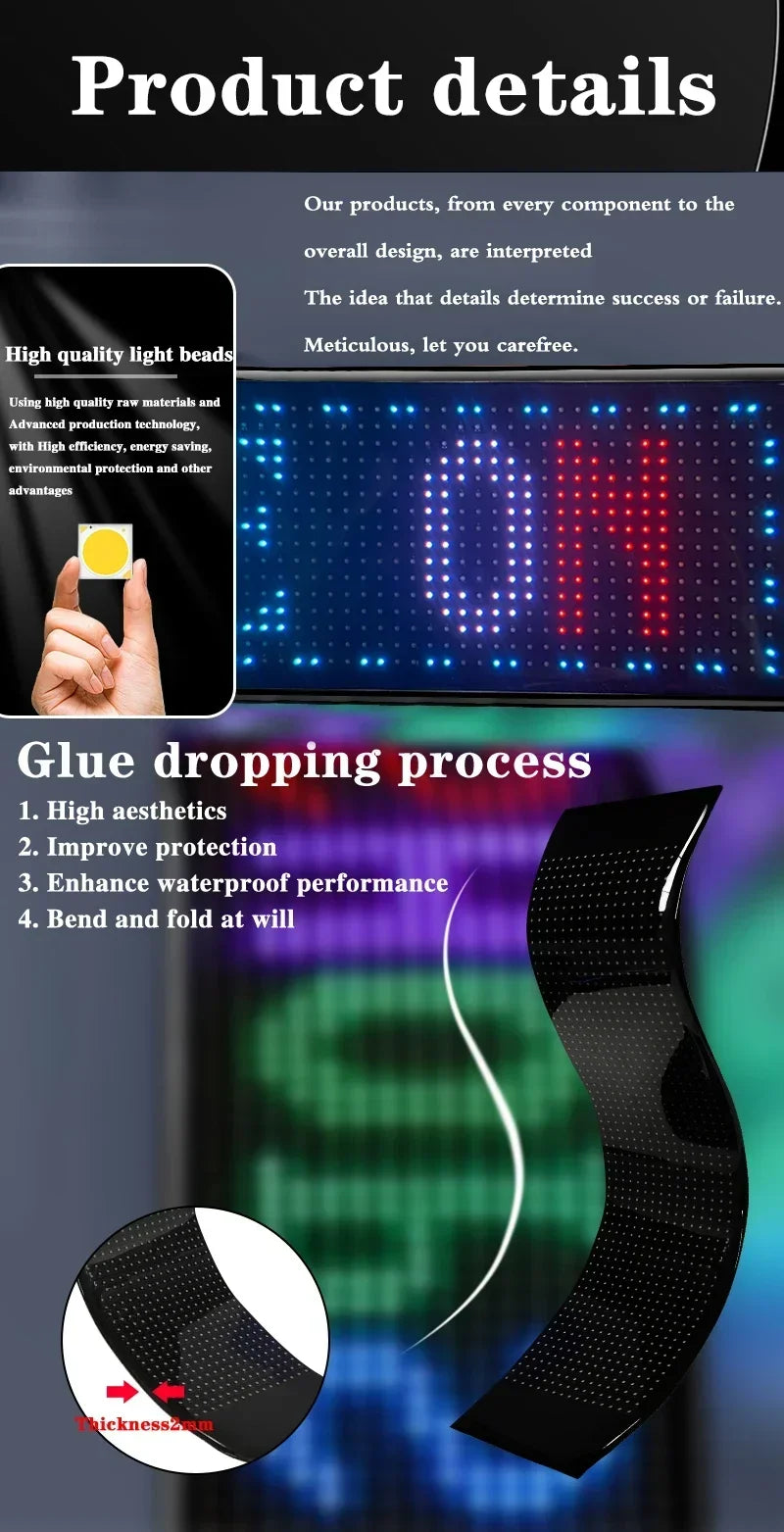 A close-up of a flexible USB LED matrix display showing bright red and blue lights, with a hand interacting with the device.