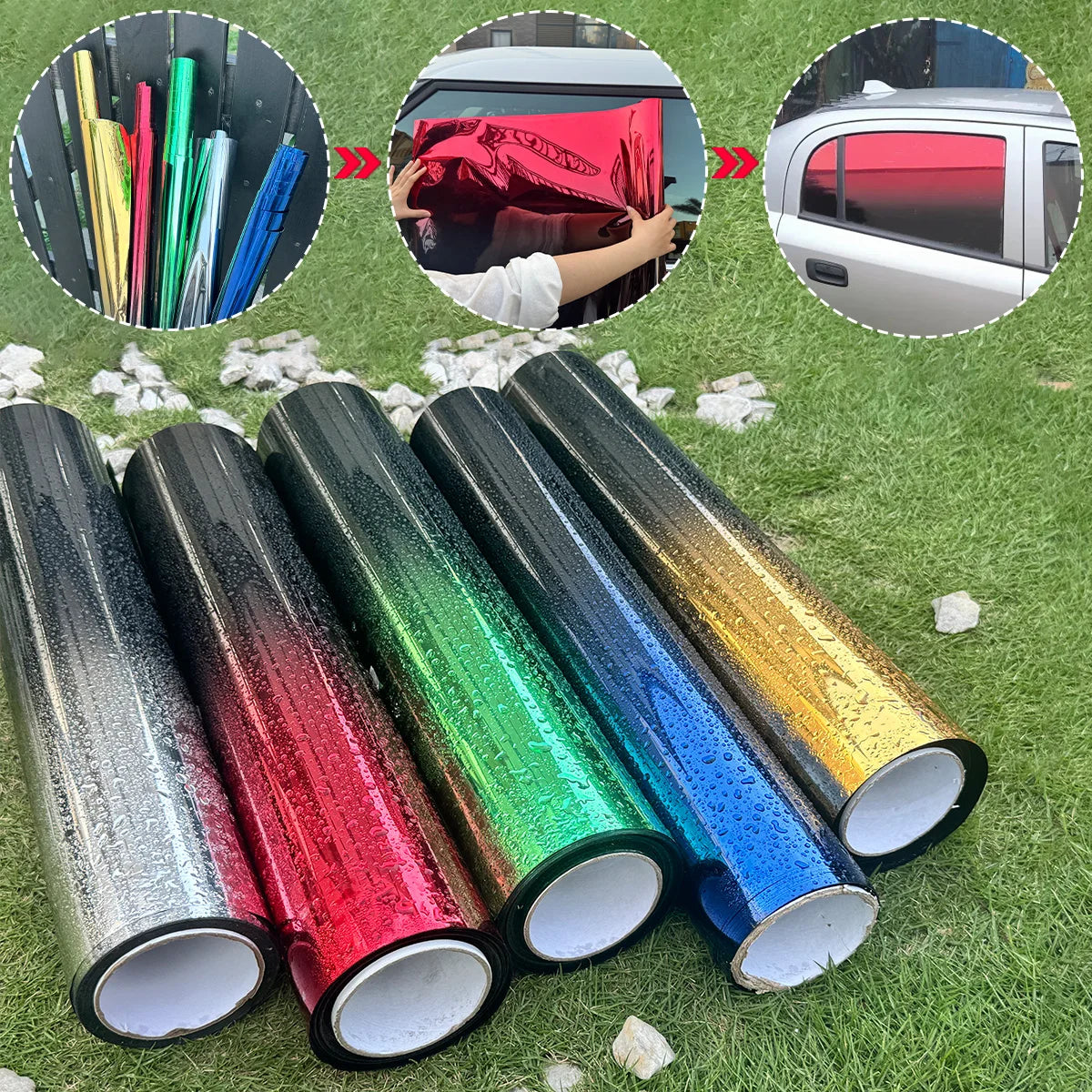 Rolls of gradient car window tint film showing various colors like red, green, blue, and yellow.
