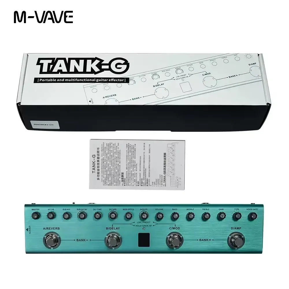 A box and a teal guitar pedal labeled TANK-G showing various controls for guitar effects.