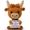 Handmade crochet brown animal doll with horns and a positive message card