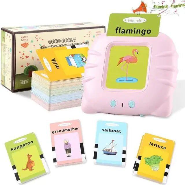 Set bunter Lernkarten mit Tieren wie Flamingo, Känguru und Salat.