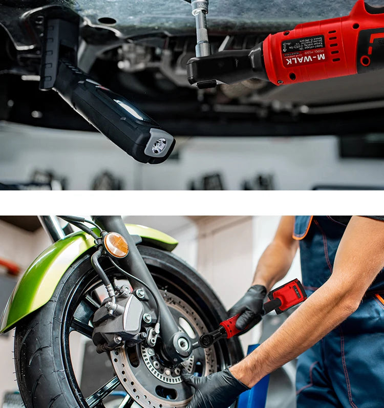 A hand uses a red cordless right angle ratchet wrench with a brushless motor to work on a bicycle wheel.
