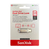 SanDisk Ultra Dual Drive Luxe USB 3.2 flash drive with Type-C and Type-A connectors in a white packaging box.