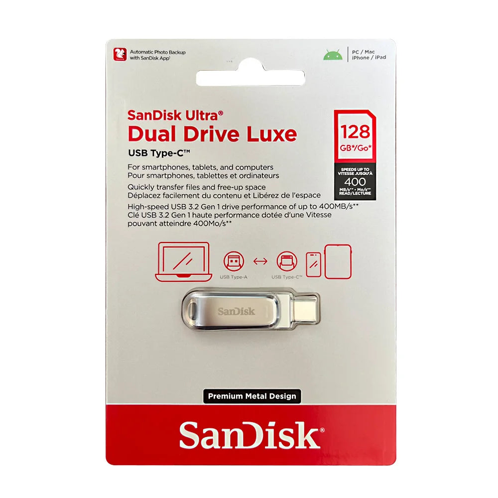 SanDisk Ultra Dual Drive Luxe USB 3.2 flash drive with Type-C and Type-A connectors in a white packaging box.