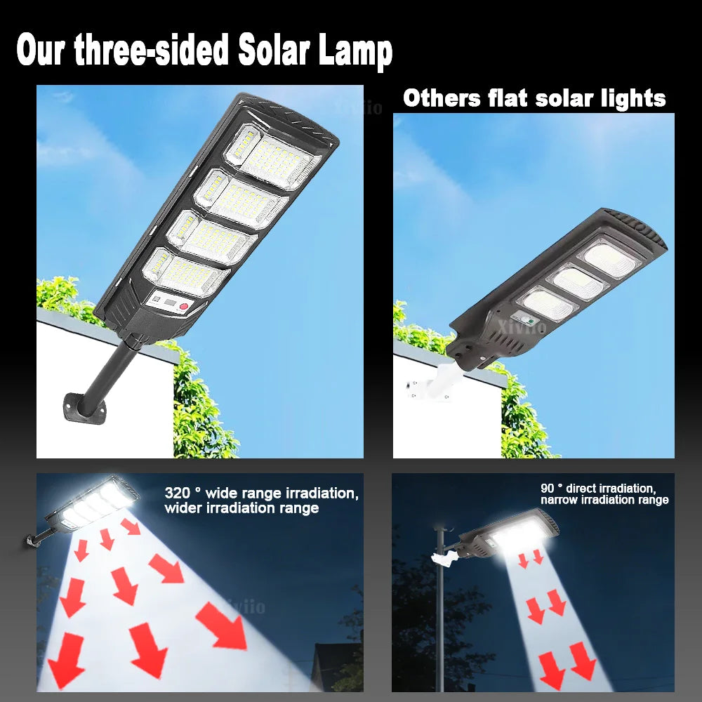 Three-sided solar lamp illuminating a wide area with directional light beams.